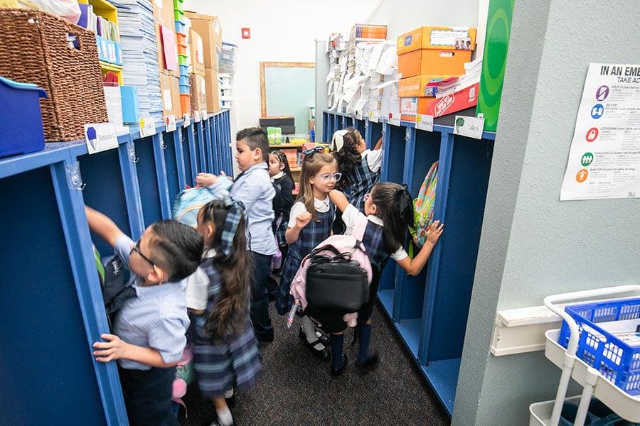 students at lockers
