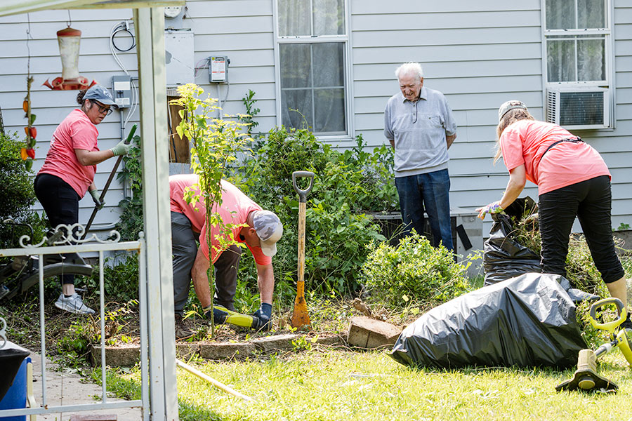 people trimming bushes