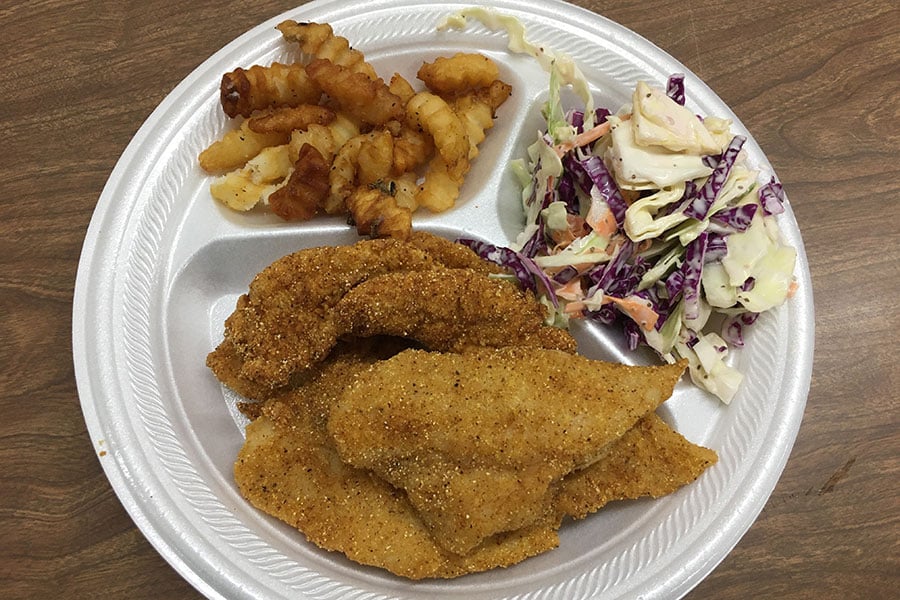 fish with fries and cole slaw