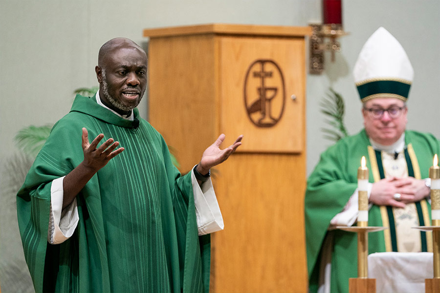 Father Philip Brembah, pastor of St. Vincent de Paul Parish, thanks the laity and volunteers for coming to the annual Dr. Martin Luther King Jr. Diocesan Memorial Mass on Jan. 22, 2022.