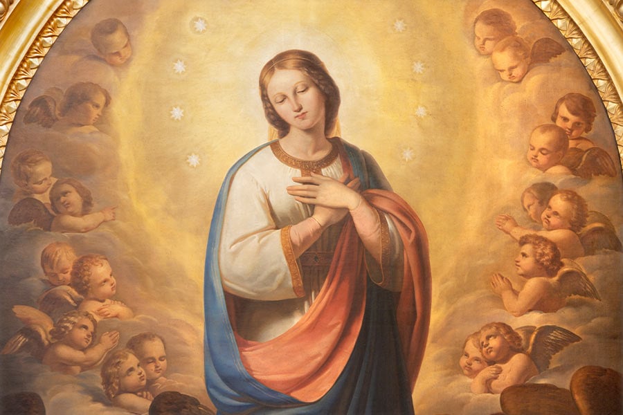 A view of the painting of the Immaculate Conception in Chiesa di San Agostino by Antonio Licata (1820). Mary is also known as the "Holy Virgin of Virgins" and Mother most chaste." (iStock)