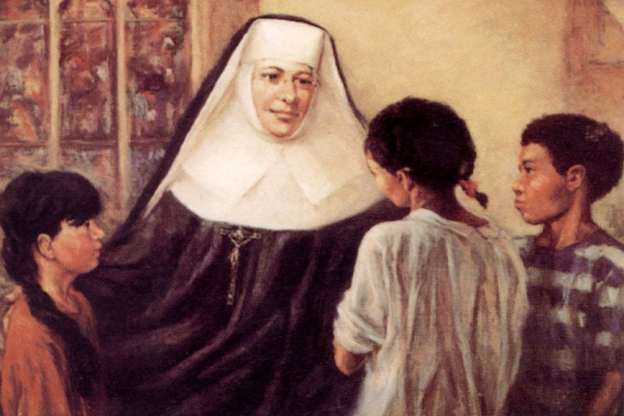 African-American and Native American children are depicted with Mother Katharine Drexel in a painting. Pope John Paul II, recognizing a second miracle attributed to the American nun, cleared the way Jan. 27 for her canonization. She will become the second U.S.-born saint.