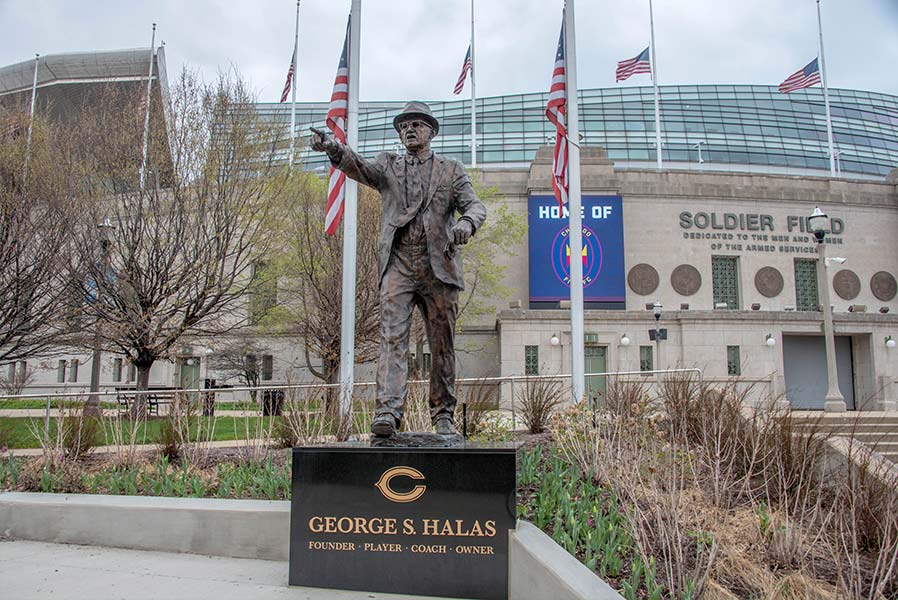 Chicago, IL April 24, 2021, Chicago Bears George Halas statue outside of Soldier Field.