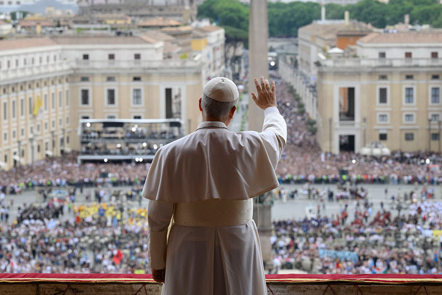 Pope Leo XIV from behind waves at crowd