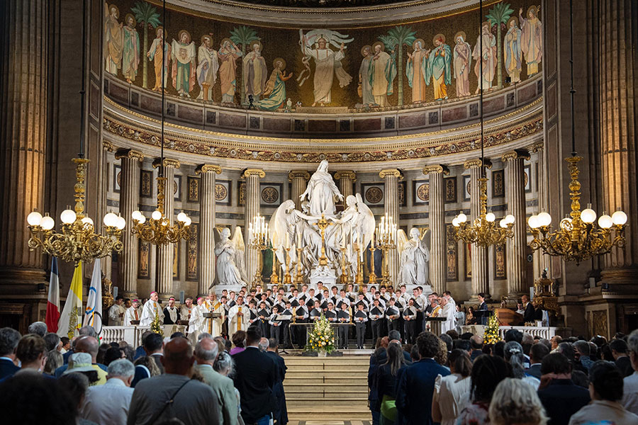 Choir sings at altar