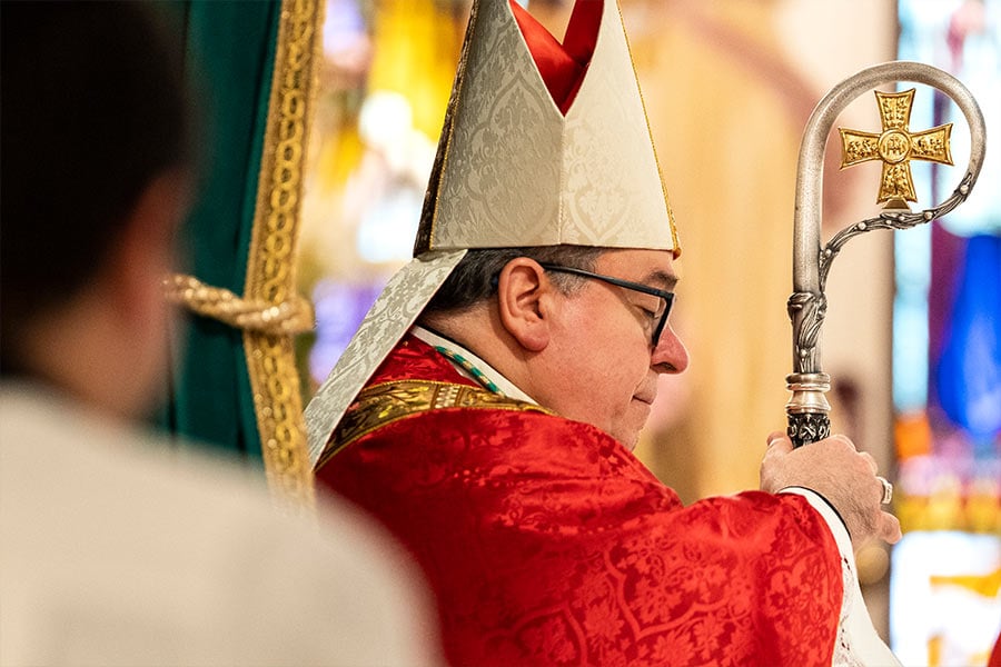 Bishop Michael Olson prays in silence during the Mass of Reparation for Sins of Sexual Abuse on April 25, 2022 at St. Patrick Cathedral in Fort Worth. (NTC/Juan Guajardo)
