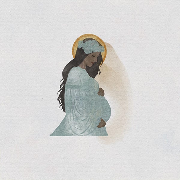 A watercolor of the pregnant Virgin Mary against a white background (NTC/Maria Diaz)
