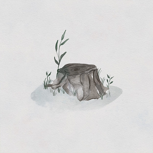 A watercolor of a tree stump with fresh growth (NTC/Maria Diaz)