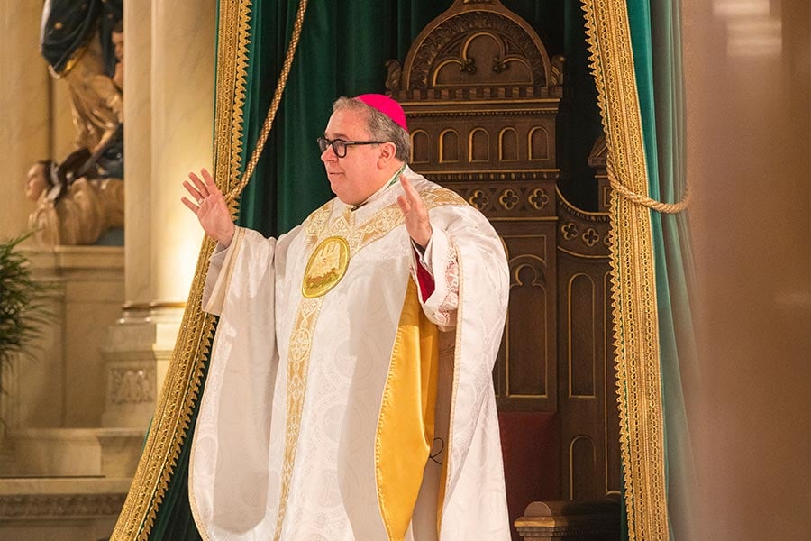 Bishop Michael Olson celebrates the Chrism Mass and the blessing of the holy oils at St. Patrick Cathedral, Tuesday, March 30, 2021. (NTC/Rodger Mallison)