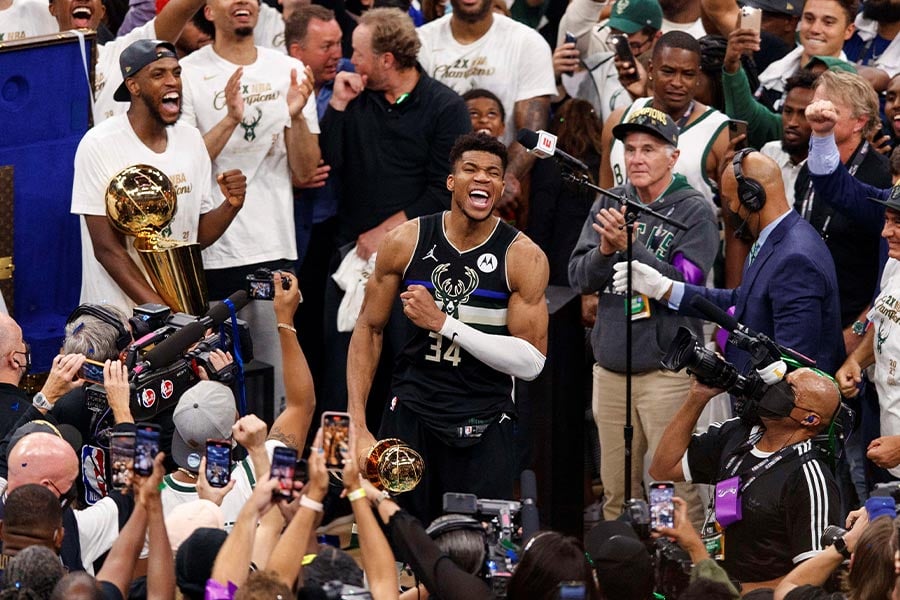 Milwaukee Bucks forward Giannis Antetokounmpo celebrates with the NBA Finals MVP Trophy in Milwaukee July 20, 2021, following game six of the 2021 NBA Finals the game against the Phoenix Suns. Antetokounmpo led the tam to its first championship since 1971. (CNS photo/Jeff Hanisch, USA TODAY Sports via Reuters)