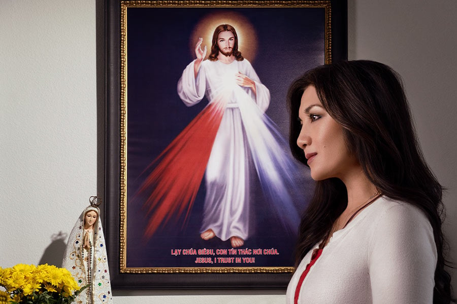 Christina Hoang has the Divine Mercy image prominently displayed in her prayer room. (NTC/Juan Guajardo)
