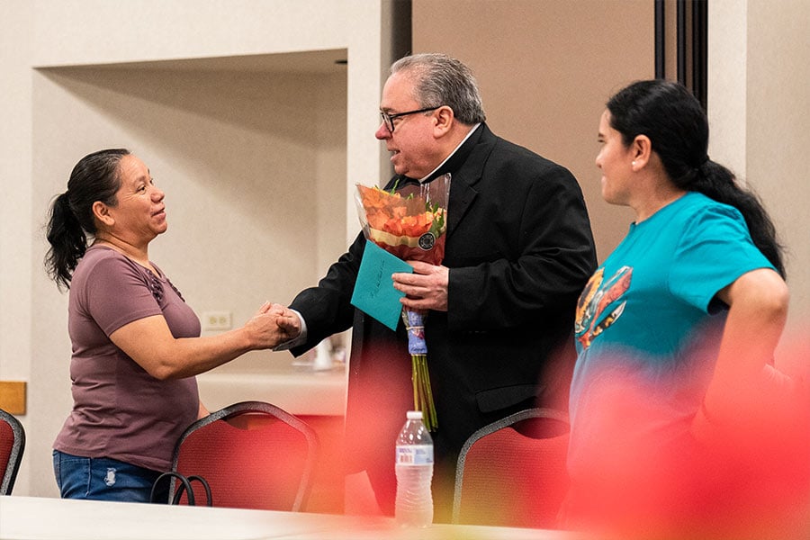 Survivors of the Eastland wildfire came to the administrative office of the Diocese of Fort Worth to thank Bishop Olson and the faithful of the diocese for spiritual, emotional, and financial support after the fire devastated their community. (NTC/Juan Guajardo)