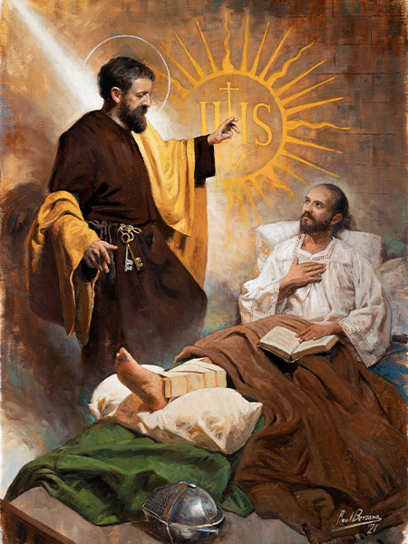 While recovering from a serious leg injury, Saint Ignatius experienced a miraculous healing which he attributed to the intercession of Saint Peter the Apostle. (Artwork by Raul Berzosa)