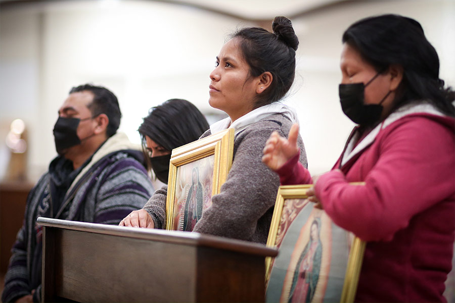 Parishioners pray before the image of Our Lady of Guadalupe on the feast of Our Lady of Guadalupe Dec. 12, 2021 at St. Jude Catholic Church in Mansfield. (NTC/Kevin Bartram)