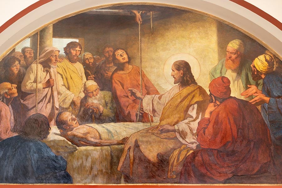 Vienna - The fresco Jesus Heals a Lame Man in Herz Jesu church from begin of 20. cent. by autor with F.Z. initials.