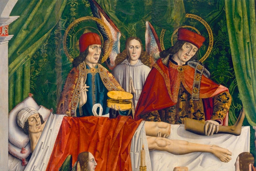 Saints Cosmas and Damian perform the miraculous cure by transplantation of a leg.