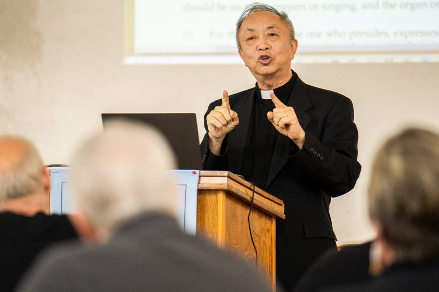 Father Thu Nguyen teaches the first liturgical workshop at St. Joseph Church in Arlington in May. (NTC/Juan Guajardo)