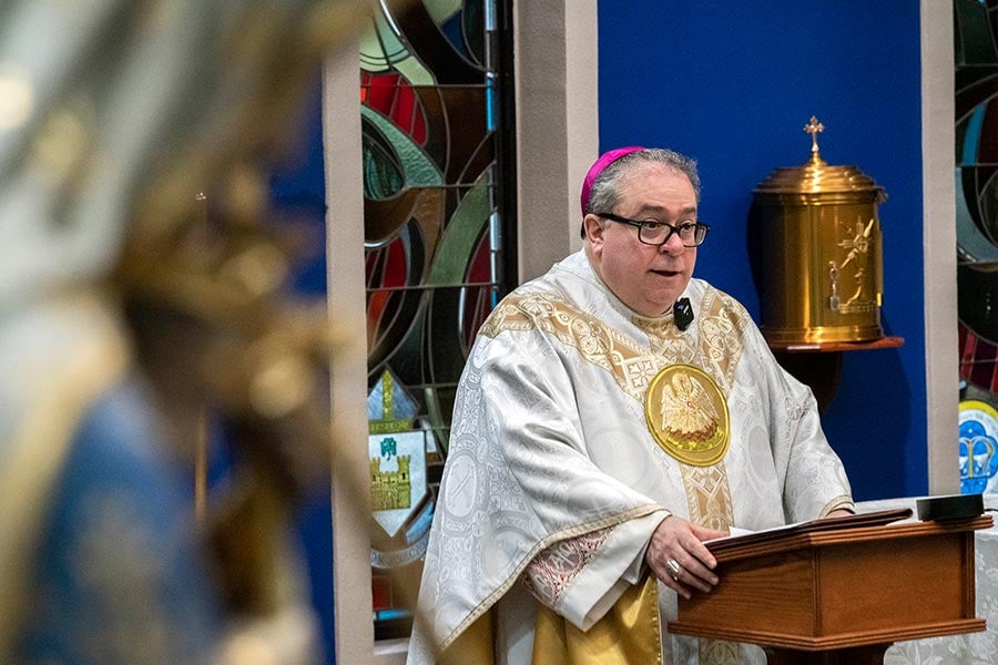 Bishop Michael Olson delivers his homily during a morning Mass at Nolan Catholic High School.