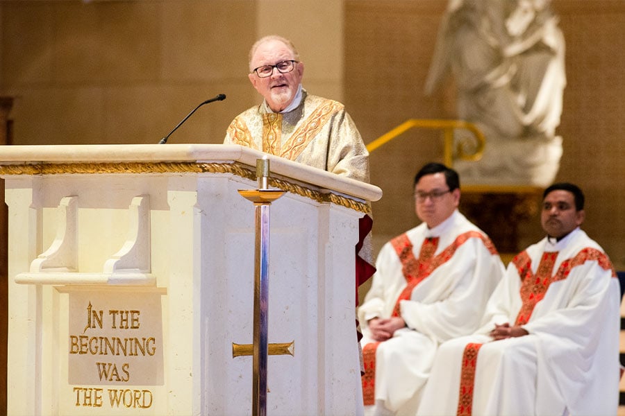 Fr. Dennis Smith celebrates the 45th anniversary of his ordination as a priest with a Mass at St. Elizabeth Ann Seton Catholic Church in Keller, Sunday, February 2, 2020. (NTC/Rodger Mallison)
