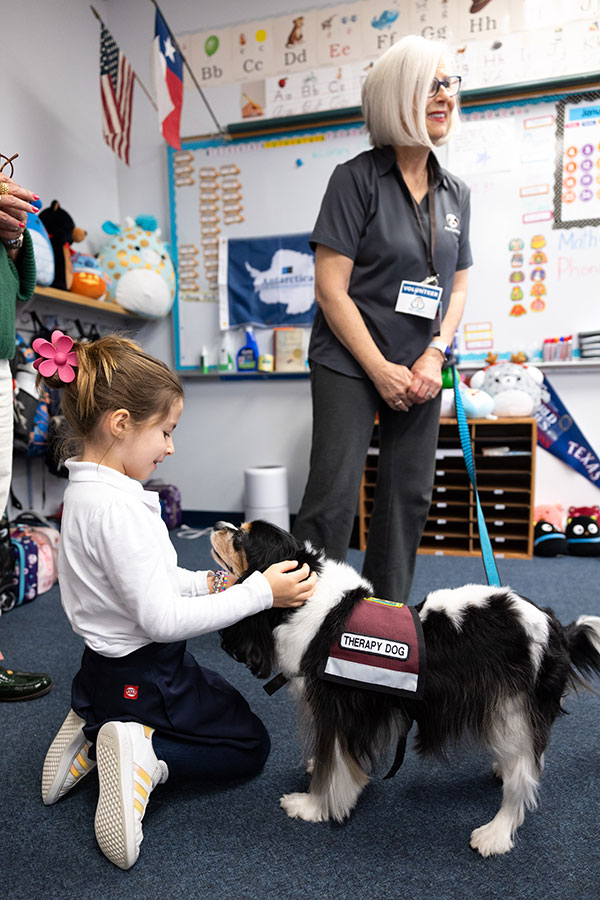 child pets dog