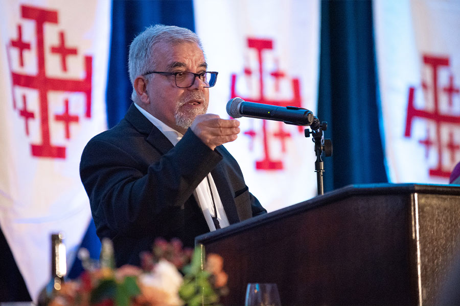Daniel Ali, a convert from Islam who grew up as a Kurdish Iraqi freedom fighter, delivers the keynote address at a banquet for the Equestrian Order of the Holy Sepulchre of Jerusalem on Sunday, Oct. 17, 2021 at Fort Worth’s Omni Hotel. (NTC/Ben Torres)