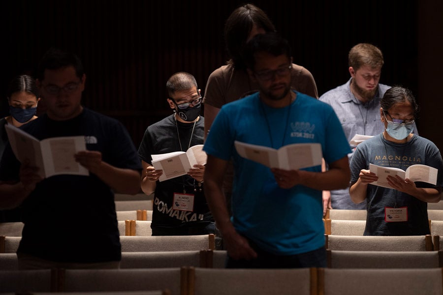 Attendees participate in evening prayer at Vocation Discernment weekend at the University of Dallas June 11-13. (NTC/Ben Torres)