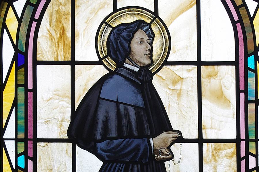 A stained-glass depiction of St. Elizabeth Ann Seton.