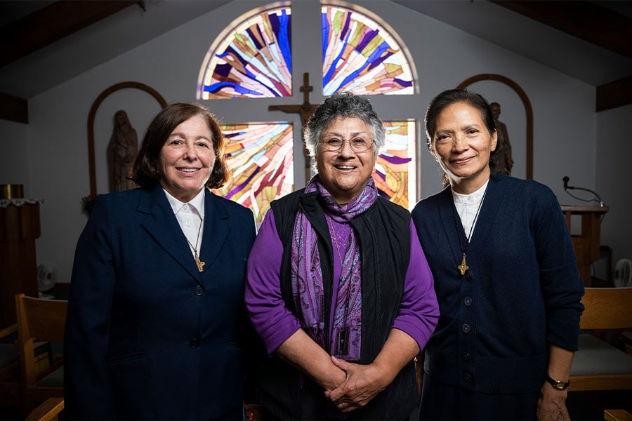Sister Yolanda Cruz, Provincial Gabriela Martinez, and Sister Ines Diaz stand in the chapel of Our Lady of Victory Convent. (NTC/Juan Guajardo)