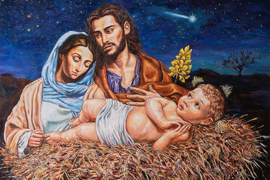 An image of the Holy Family is featured on one of the Vatican's 2021 Christmas stamps. The images on the stamps were painted by Adam Piekarski, a homeless man from Poland currently living in Rome. (CNS illustration/courtesy Vatican Philatelic and Numismatic Office)