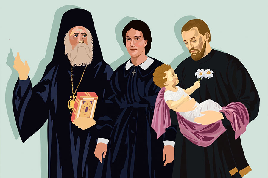 Illustration depicting Saint Nectarios, Venerable Henriette Delille, and Saint Cajetan (NTC/Maria Diaz)