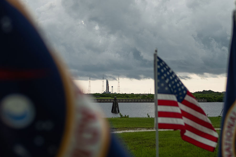 NASA’s Space Launch System (SLS) rocket with the Orion spacecraft aboard is seen atop a mobile launcher at Launch Pad 39B from the Press Site as preparations for launch continue, Friday, Aug. 26, 2022.