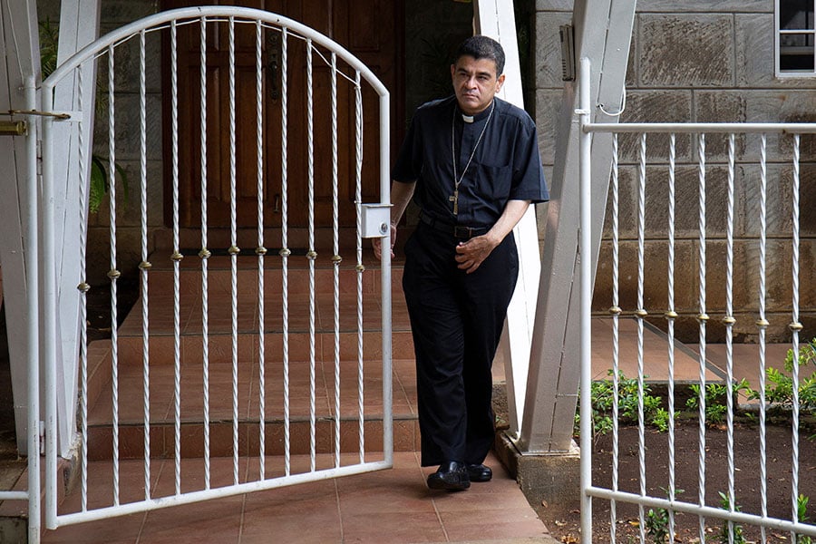 Nicaraguan Bishop Rolando Álvarez of Matagalpa walks outside a Catholic church