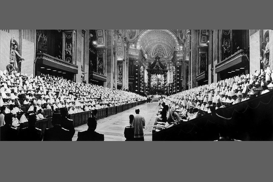 A panoramic view shows bishops gathered in St. Peter's Basilica for the opening session of the Second Vatican Council in the fall of 1962. (CNS file photo)