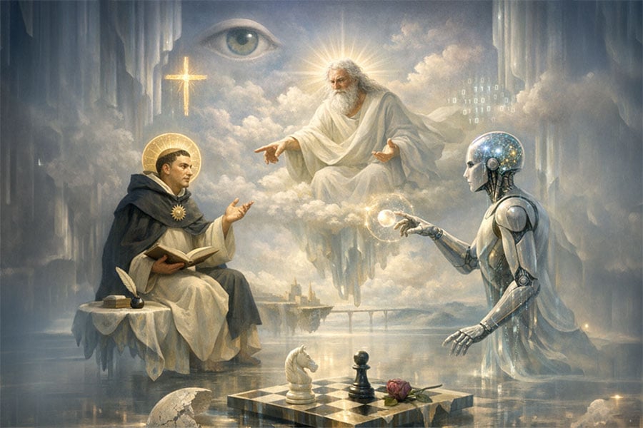 An image capturing St. Thomas Aquinas, God, and an artificial agent, symbolizing the dialogue between faith, reason, and technology. This image was created using artificial intelligence by Microsoft Copilot, which is powered by OpenAI’s GPT models.
