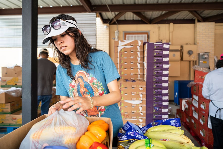una mujer ayuda organizar frutas