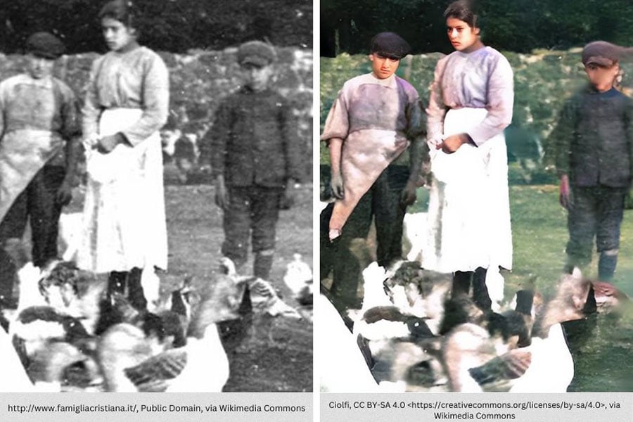 A black and white photograph of Saint Maria Goretti and her family from 1902 side by side with an AI recolored image of the same photograph