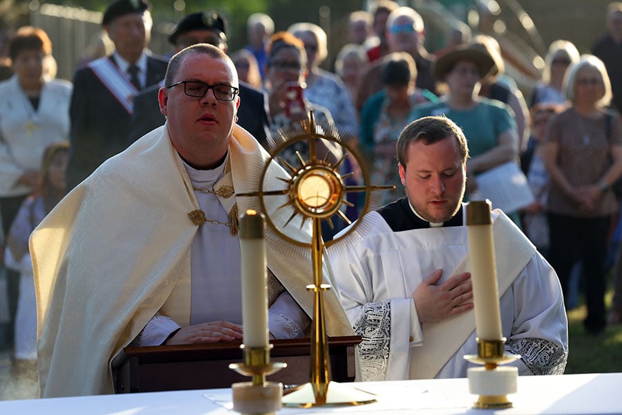 Priest and altar server and faithful adore the Eucharist