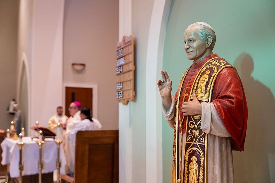 A statue of St. John Paul II at his namesake parish in Denton on Oct. 22, 2024 during a Mass celebrated by Bishop Michael Olson to honor his feast day.