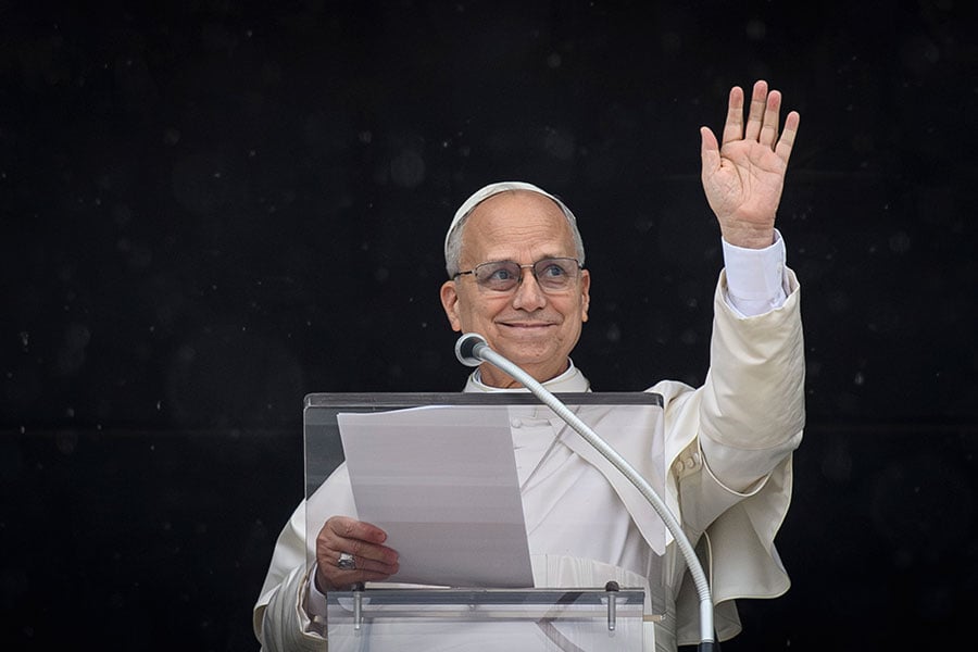 Pope Leo XIV greets those gathered for the Angelus in St. Peter's Square at the Vatican, March 22, 2026. (CNS photo/Vatican Media)