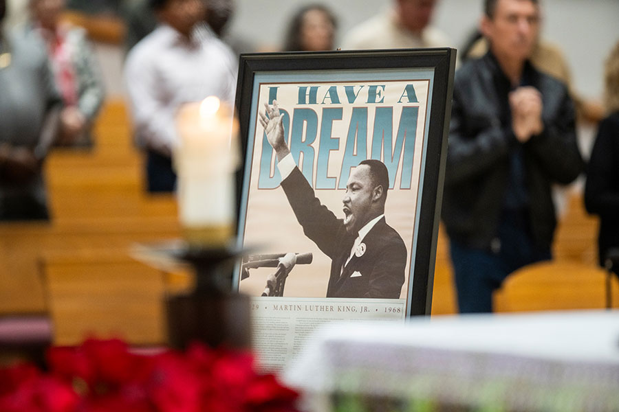 A view of a portrait of the Rev. Dr. Martin Luther King during the Annual Dr. Martin Luther King, Jr. Memorial Mass at St. Joseph Catholic Church on January 18, 2025.
