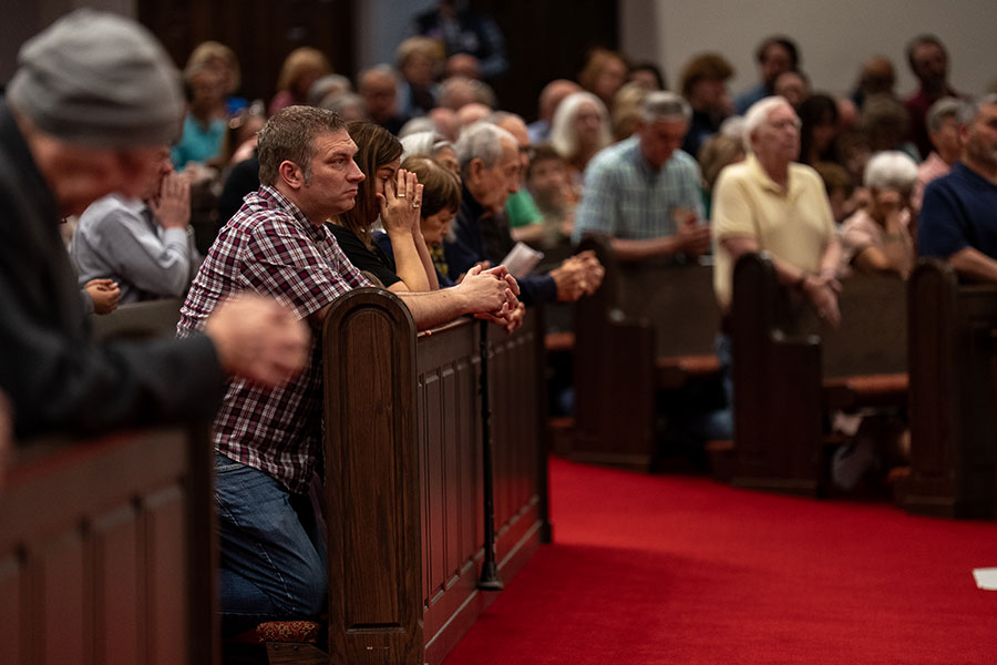 Parishioners pray during a Mass celebrated by Bishop Michael Olson at St. Vincent de Paul Parish in Arlington on Feb. 28, 2026. The church celebrated its 50th Anniversary in February. (NTC/Andy Viganas)
