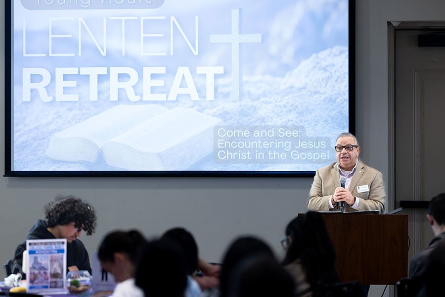 Deacon Jose Mateo, from St. Francis in Grapevine, speaks during the Young Adult Retreat on Saturday, February 28, 2026 at St. Philip the Apostle Parish in Flower Mound. (NTC/Kevin Bartram)