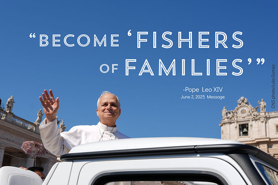 Pope Leo waves from pope mobile; quote above head