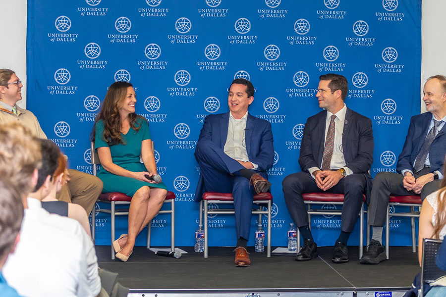 (left to right) Moderator Liam Ritter, Susan Hanssen, Trent Horn, Jonathan Sanford, and Burt Folsom engage during the panel at the University of Dallas on March 4, 2026. | Credit: University of Dallas Young Americans for Freedom Chapter