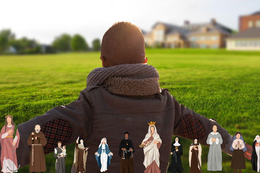 a boy walks outside his house accompanied by saints