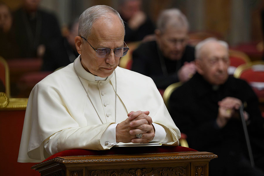 Pope Leo XIV prays along with top officials of the Roman Curia and cardinals living in Rome during a Lenten reflection in the Pauline Chapel at the Vatican Feb. 27, 2026. (CNS photo/Vatican Media)