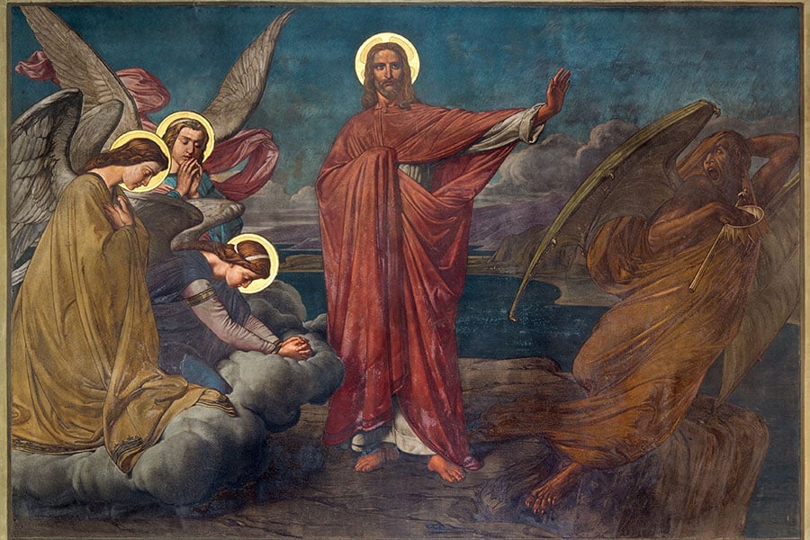 Painting of angels and saints and Jesus against Satan