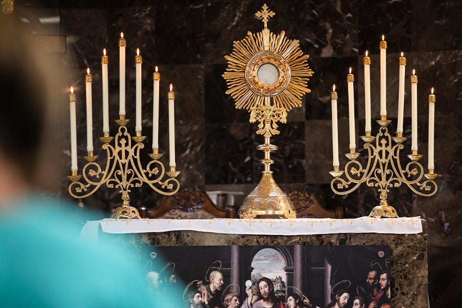 The Holy Eucharist in the monstrance at St. Peter Catholic Church.